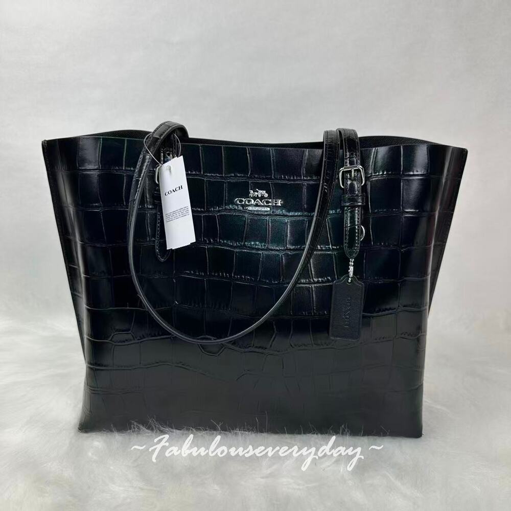 Coach Mollie Tote Bag In Crocodile-embossed Leather/Silver/Black CW018